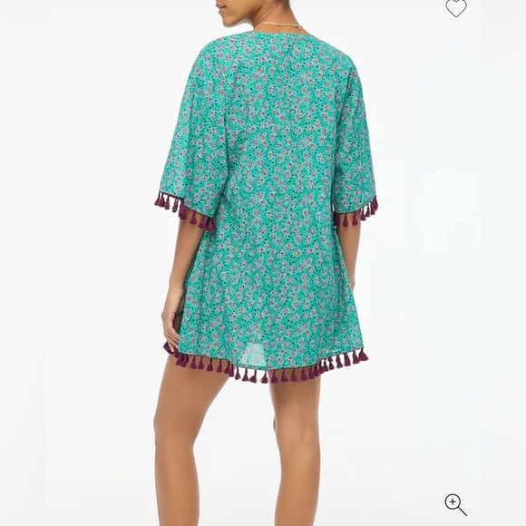 J Crew Cover Up Tie Front Turquoise Purple Floral Print Organic Cotton Tassel SM - Picture 3 of 6
